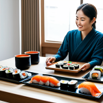 A person, fully clothed in modest, comfortable home attire, seated at a modern, clean dining table in a cozy, well-lit living room. An artfully arranged platter of diverse, fresh sushi rolls and nigiri is presented on the table, accompanied by elegant, sustainable delivery packaging. The scene highlights the comfort and convenience of high-quality, healthy home dining. Perfect anatomy, correct proportions, natural pose, well-formed hands, proper finger count, natural body proportions, professional photography, high quality, safe for work, appropriate content, fully clothed, modest clothing.