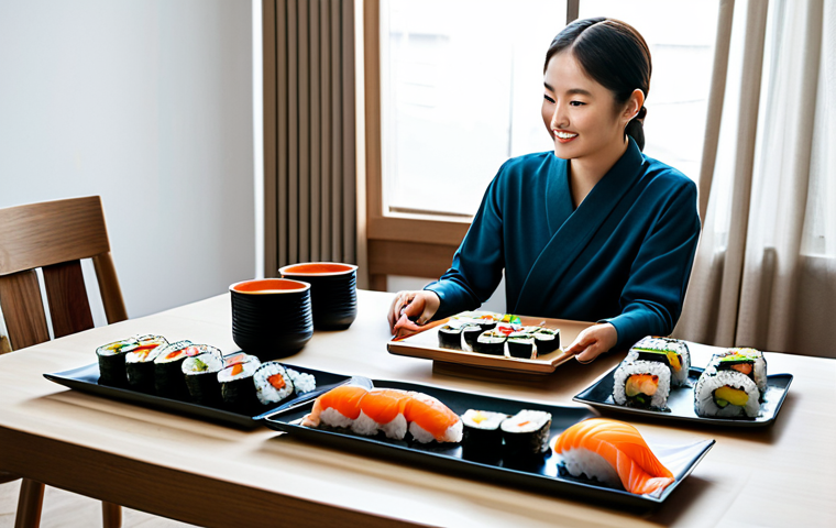 A person, fully clothed in modest, comfortable home attire, seated at a modern, clean dining table in a cozy, well-lit living room. An artfully arranged platter of diverse, fresh sushi rolls and nigiri is presented on the table, accompanied by elegant, sustainable delivery packaging. The scene highlights the comfort and convenience of high-quality, healthy home dining. Perfect anatomy, correct proportions, natural pose, well-formed hands, proper finger count, natural body proportions, professional photography, high quality, safe for work, appropriate content, fully clothed, modest clothing.