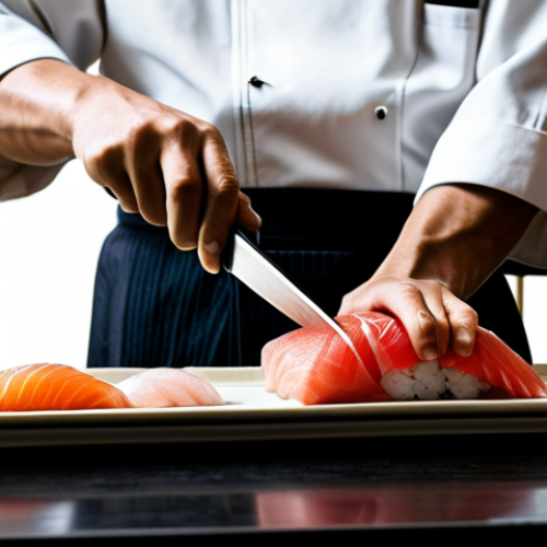 **

A professional sushi chef, fully clothed in traditional attire, meticulously slicing sashimi with a yanagiba knife in a brightly lit, modern Japanese restaurant. Perfect anatomy, correct proportions, safe for work, appropriate content, professional, modest, natural pose, well-formed hands, proper finger count, natural body proportions, high quality.

**