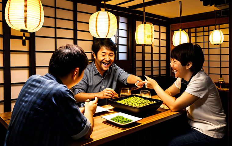 Izakaya Scene**

"A lively izakaya (Japanese tapas bar) interior in Madrid, Spain. Patrons are fully clothed, enjoying yakitori skewers and edamame with sake. The scene is warm and inviting, with soft lighting and laughter. Appropriate attire, safe for work, family-friendly setting. Perfect anatomy, correct proportions, natural poses. Professional photography, high quality."

**