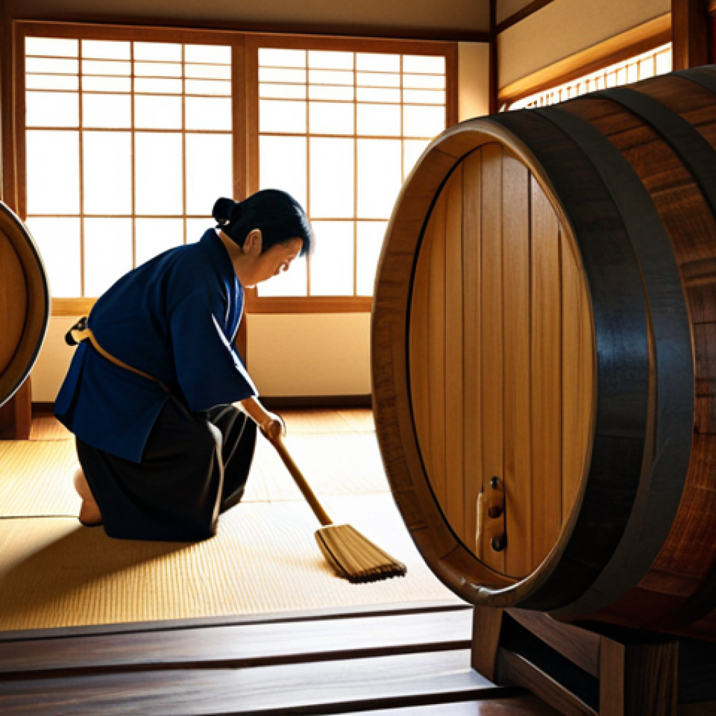 일본식 양념의 비밀 - Shoyu Craftsmanship**

Prompt: "A Japanese artisan carefully tending to large wooden barrels of ferm...