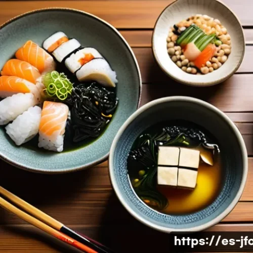 일본 전통 식재료 - A beautifully arranged traditional Japanese meal set featuring a bowl of steaming miso soup with vis...