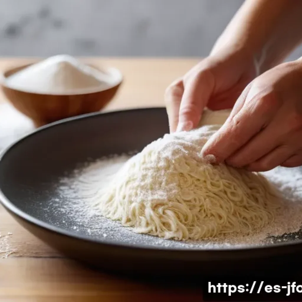 일본식 국수 제조법 - A warm, inviting kitchen scene focused on the process of kneading homemade Japanese noodles dough on...