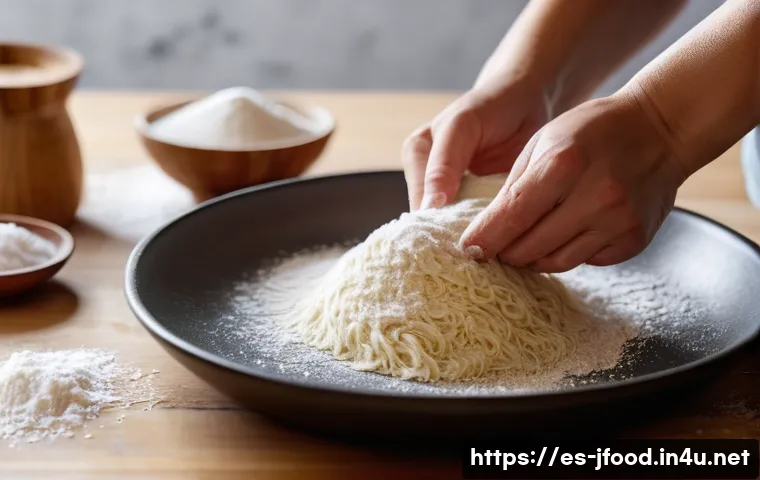 일본식 국수 제조법 - A warm, inviting kitchen scene focused on the process of kneading homemade Japanese noodles dough on...