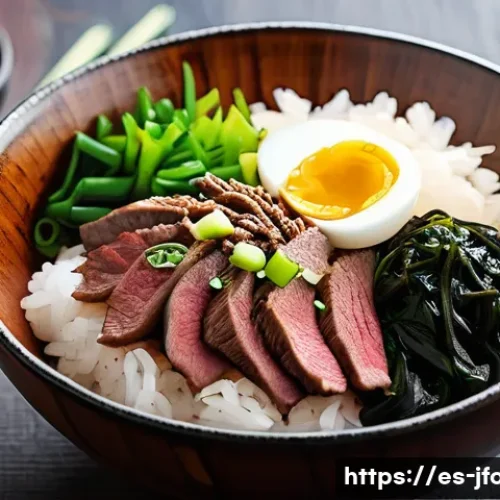 일본식 돈부리 레시피 - A close-up, vibrant overhead shot of a traditional Japanese donburi bowl featuring perfectly cooked ...