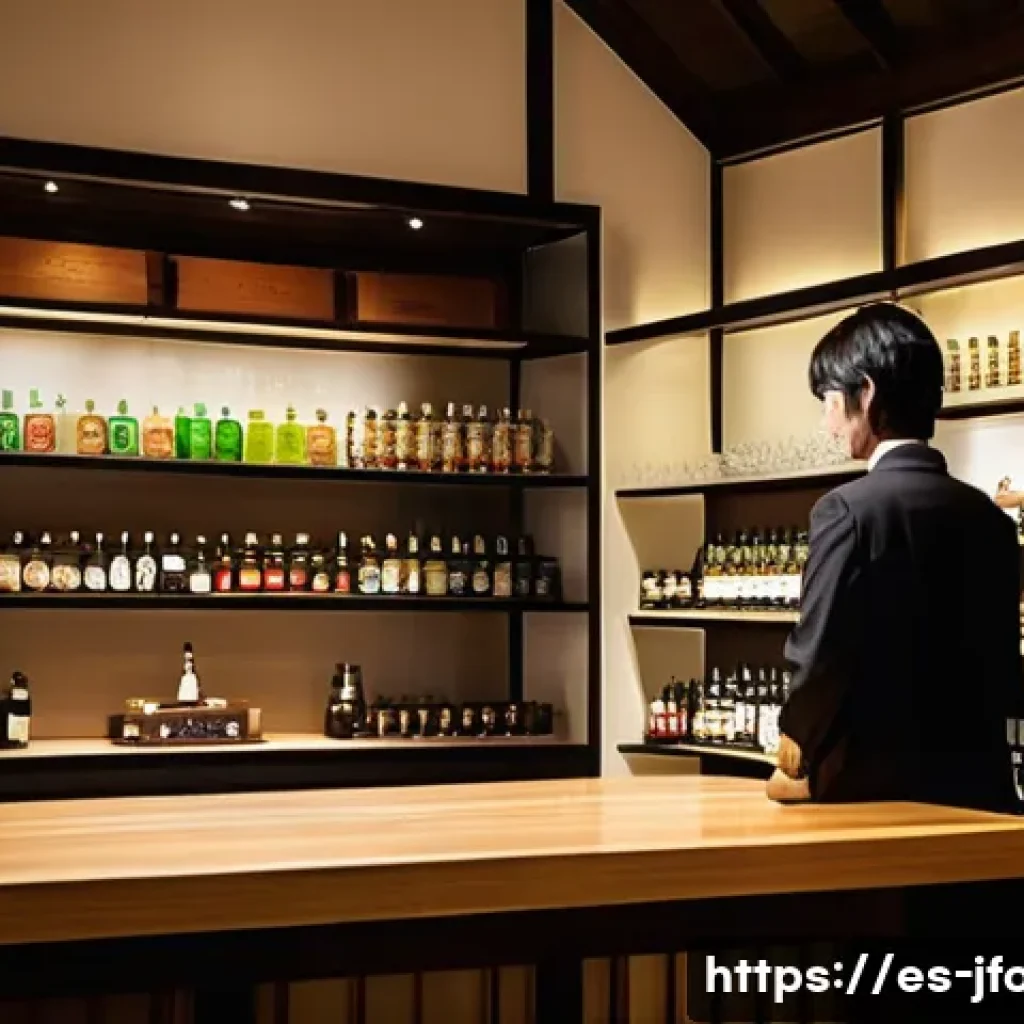 일본 술 전문점 소개 - A sophisticated Japanese liquor shop interior showcasing a wide variety of artisanal beverages inclu...