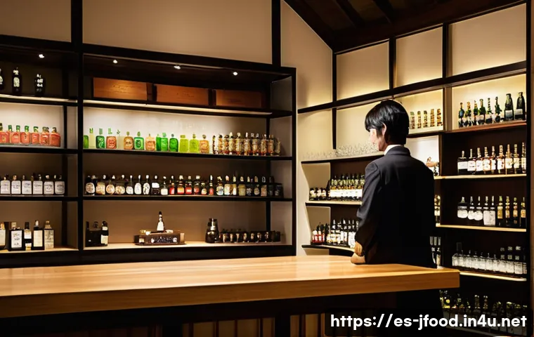 일본 술 전문점 소개 - A sophisticated Japanese liquor shop interior showcasing a wide variety of artisanal beverages inclu...