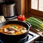 라멘 육수 만드는 법 - A warm, inviting kitchen scene in a traditional Spanish home during late afternoon, featuring a larg...