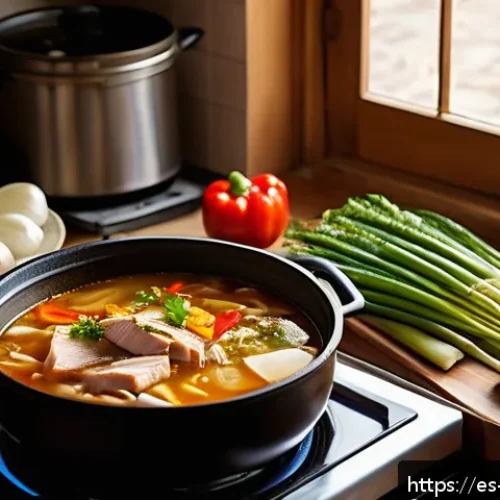 라멘 육수 만드는 법 - A warm, inviting kitchen scene in a traditional Spanish home during late afternoon, featuring a larg...