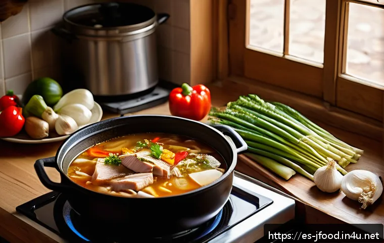 라멘 육수 만드는 법 - A warm, inviting kitchen scene in a traditional Spanish home during late afternoon, featuring a larg...