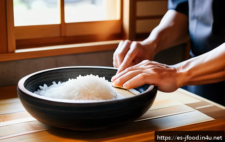 일본 요리 전문가 인터뷰 - A close-up, highly detailed image of a traditional Japanese sushi chef’s hands gently washing short-...