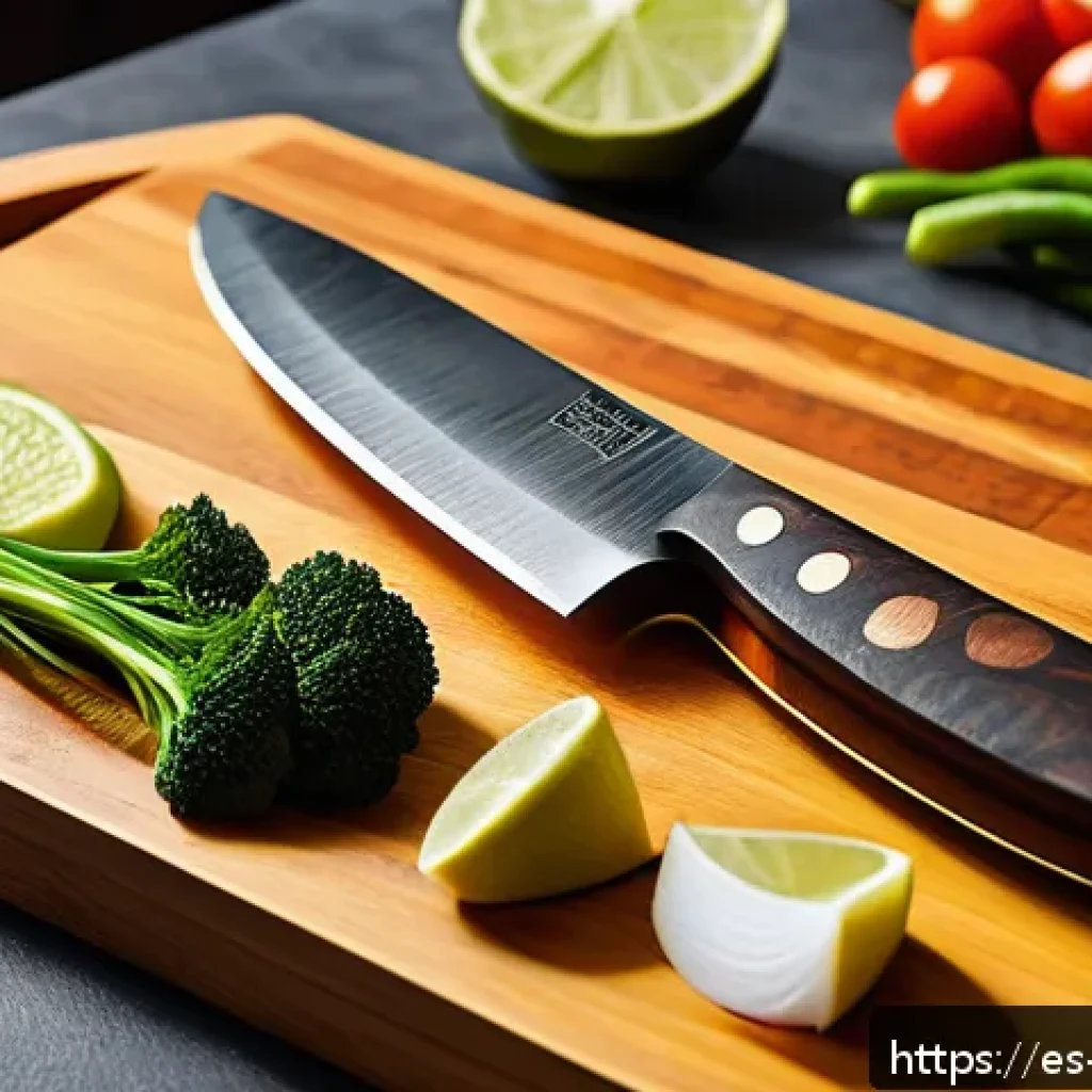 일본 요리 도구 추천 - A high-resolution, close-up image of a traditional Japanese Santoku knife resting on a wooden cuttin...