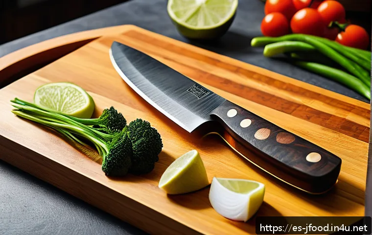 일본 요리 도구 추천 - A high-resolution, close-up image of a traditional Japanese Santoku knife resting on a wooden cuttin...