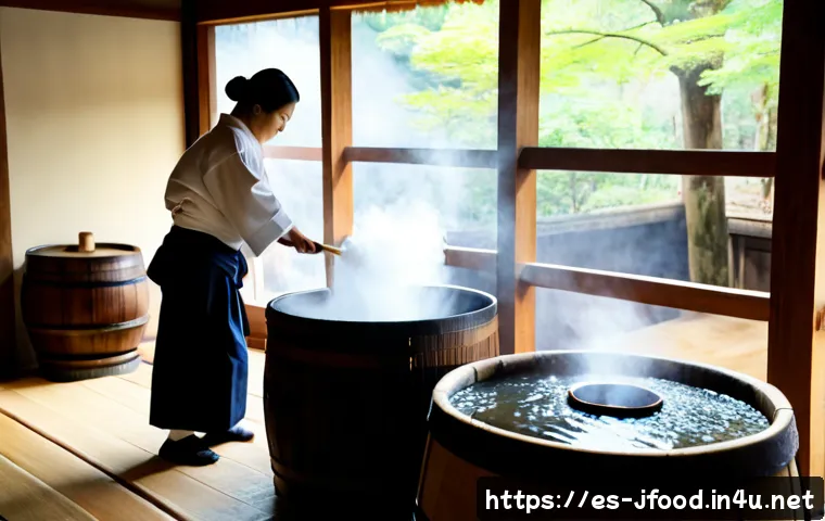 Home 17 일본 술의 역사 - Photorealistic historical scene of traditional Japanese sake brewing in an Edo-period wooden brewery...