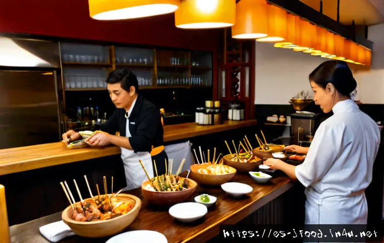 이자카야 운영 방법 - Photorealistic evening interior of a well-organized Spanish Japanese-style tapas bar, experienced re...